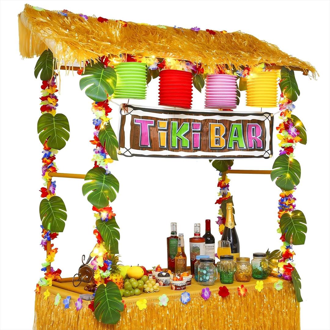 45 Pcs Tiki Bar Hut Set Tropical Tabletop Hut Luau Grass Table Skirt Golden Tablecloth Hibiscus Garland Luau Bar Banner Tropical Palm Leaves Paper Lantern LED Light for Hawaiian Decor(Gold Tiki), Large
