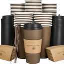 LITOPAK 100 Pack 20 oz Paper Coffee Cups, Brown Disposable Coffee Cups with Lids, Sleeves, Sticks, Drinking Cups for Hot Coffee, Water or Juice, Hot Paper Cups for Home, Restaurant, and Store