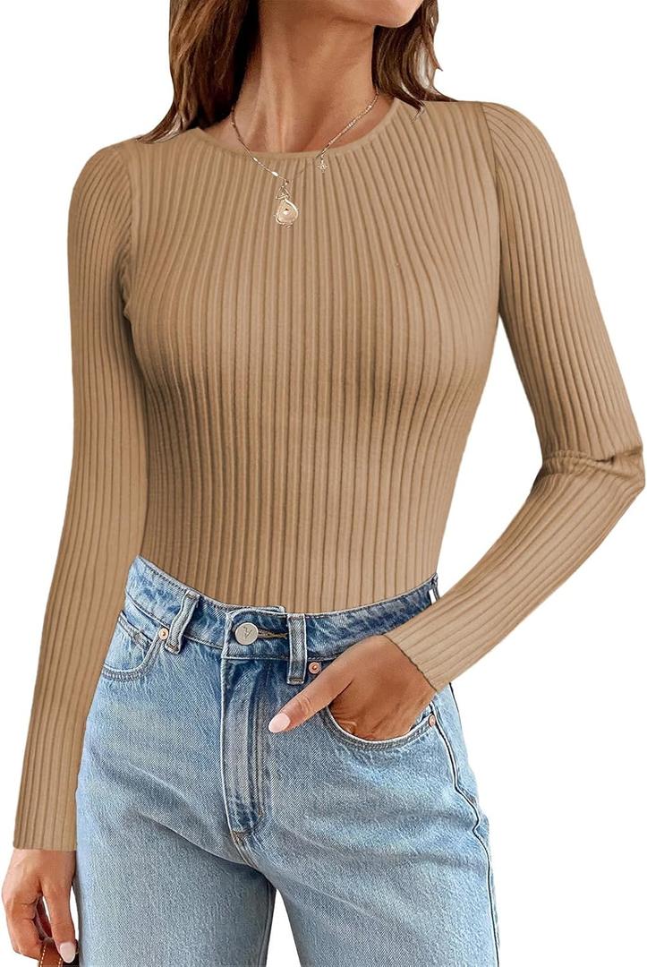Womens Tops Fall Sweatshirts Long Sleeve Shirts for Women Sweaters Fashion 2024 Dressy Casual Crew Neck Outfits Clothes Trendy Laides Tunics Toffee Large (L)