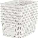White Plastic Storage Baskets - Pack of 8 with Labels Stackable Durable Storage Bins, Storage Containers for Organizing Desktops, Closets, Playrooms, Classrooms, Offices