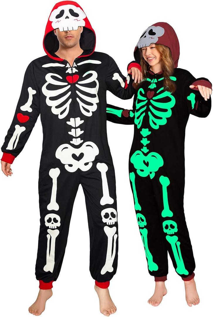 OLAOLA Glow in the Dark Skeleton Adult Onesie, Halloween Costume, Skull Pajama One Piece Cosplay Suit for Women and Men (Small)