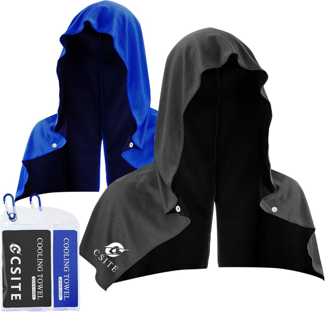 CSITE 2 Pack Cooling Hoodie Towels, Instant Cooling Towels for Neck and Face, UPF 50 Sun Protection, Ice Towel for Hot Weather, Head Towel for Sports, Camping, Cycling & More Activities