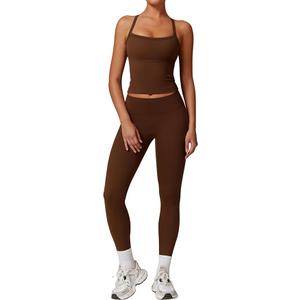 Womens Workout Sets Two Piece Cross Back Tank Top Matching High Waist Leggings Sets Gym Outfits Work Out Clothes, L