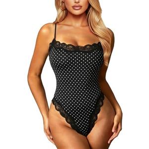 Navneet Women Sexy Lace Bodysuit Lace Trim High Cut Thong Spaghetti Strap Cami Bodysuit Going Out Tank Tops Body Suit.M