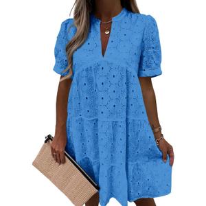Imily Bela Womens Summer Lace Dresses Eyelet Casual Flowy Babydoll Swing Short Sleeve V Neck Tunic Dress (Small, Lake Blue)