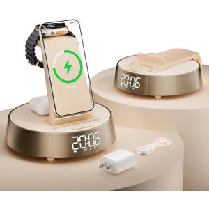 6 in 1 Wireless Charging Station with Alarm Clock, Bluetooth Speaker, FM Radio, Night Light for Bedroom Office, Wireless Charger Dock Station for iPhone 17 16 15 14 13 12 Pro Max,Apple Watch, AirPods