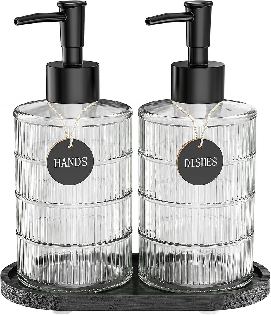 MASADI Soap Dispenser Set with Bamboo Tray, Dish and Hand Soap Lotion Dispenser Set with Wooden Pump for Kitchen and Bathroom Decor for Counter, Modern Vintage Liquid Soap Dispensers (Clear&Black)
