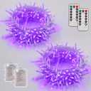 YEGUO Christmas Lights Battery Operated, 2 Pack Each 33ft 100 LED Purple String Lights Outdoor Waterproof, Clear Wire Fairy Light Indoor with Remote