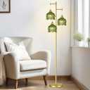 QIYIZM Gold Floor Lamp for Living Room,Bedroom,Mid Century Modern Standing Lamp Brass Tree 3 Light Tall Floor Lamps Vintage Retro Floor Lights Glass Green Flower Lamp Shade Farmhouse Boho Bohemian