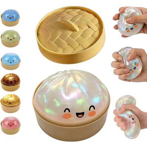 Glitter Dumpling Squishy, Mystery Glitter Dumpling Squishies Box, Colorful Dumpling Stress Balls Fidget, Jumbo Squishy Toy with Steamer Box, Soft Squeeze Decompression Dough Gift (Glitter White)