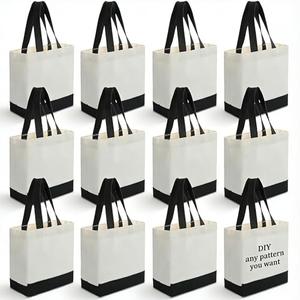 Sanwuta 12 Pack Mini Canvas Tote Bag 8'' x 4'' x 10'' Small Sublimation Blank Canvas Bags Reusable Tote for Christmas Crafts DIY Party Gifts (beige-black)