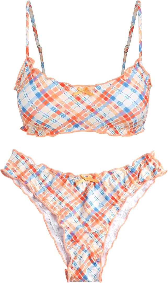 ZAFUL Womens Bikini Set 2 Piece Swimsuit Bandeau Top Cute Plaid Ruffled Bow Decor Cheeky Bathing Suits (Orange, L)