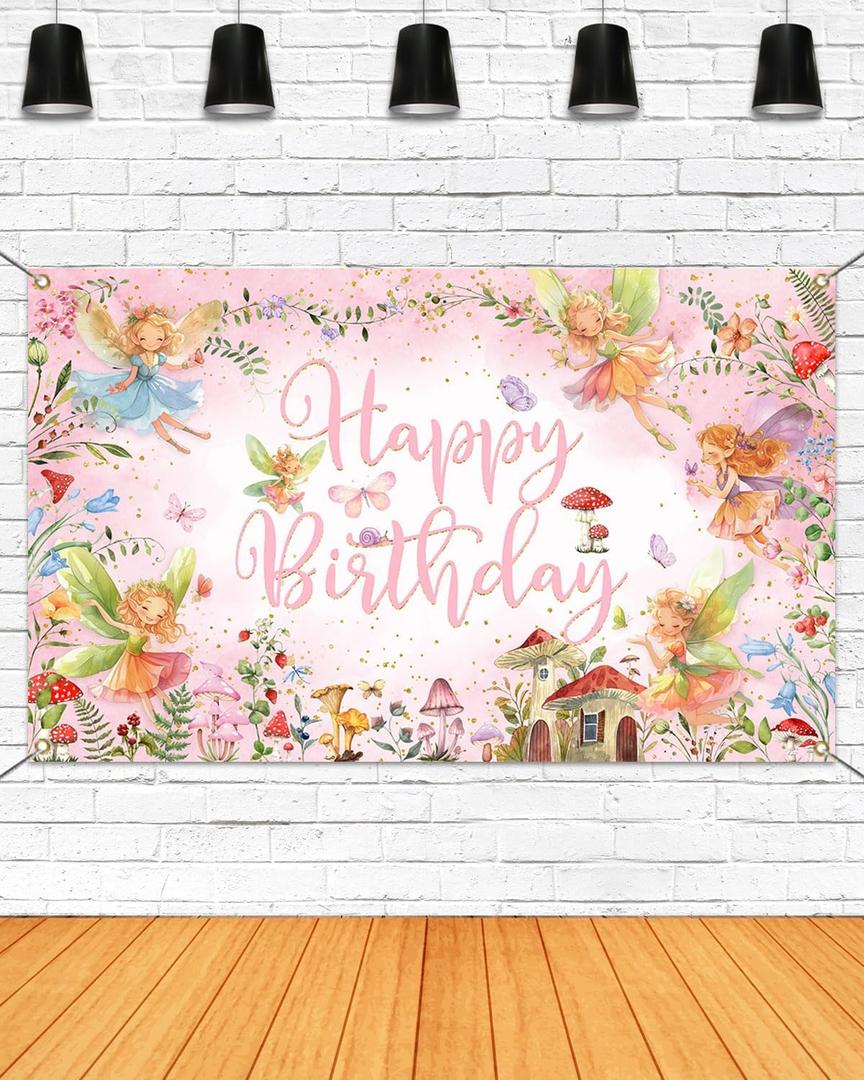 Mocsicka Fairy Birthday Backdrop Banner Pink Little Fairy Happy Birthday Party Decorations Banner for Girls Spring Magic Forest Princess Birthday Photography Background (Pink, 70.8 x 43.3 Inch)