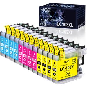 HGZ LC103XL Compatible Color Ink Cartridge Replacement for LC103 LC103XL Worked for MFC J870DW J450DW J470DW J650DW J4410DW J4510DW J4710DW J6720 (4 Cyan, 4 Magenta, 4 Yellow, 12 Pack)