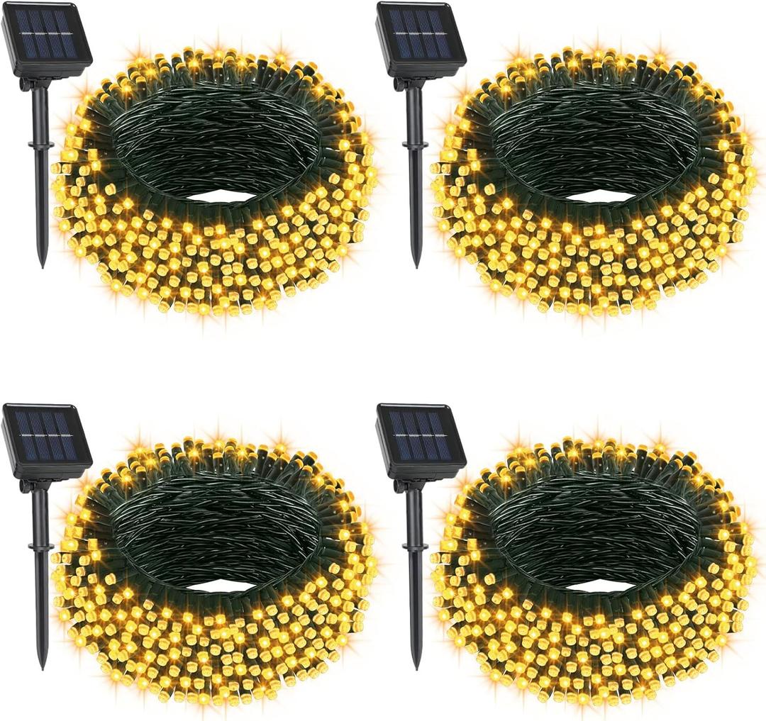 4 Pack Solar String Lights, Total 132Ft 400 LED Solar Powered Twinkle String Lights Waterproof with 8 Lighting Modes Green Wire for Patio Garden Party Yard Wedding Decors (Warm White)