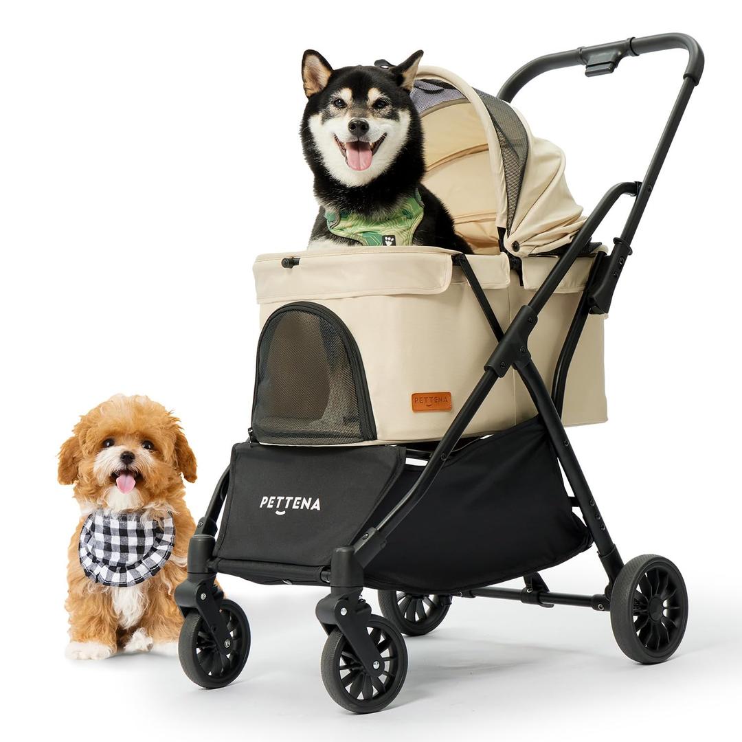 One-Pull Open Ver. PETTENA Dog Stroller for 2 Dogs, One-Touch Foldable Dog Stroller for Small/Medium Dogs Cats up to 55 Lbs, Khaki