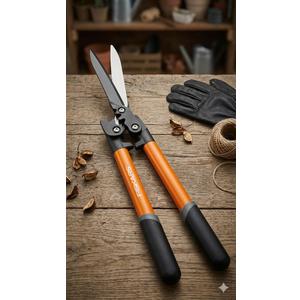 Fiskars Power-Lever Extendable Hedge Shears, Self-Sharpening Serrated Steel Blades for Clean Cuts, Handles Adjust 25"-33" for High Reach, Multiplies Leverage for 2x Power, 10" Blades, Orange/Black
