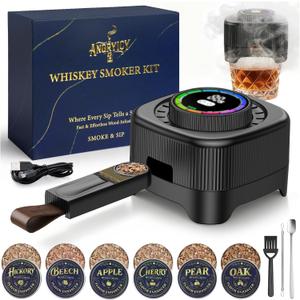 Electric Whiskey Smoker Kit with 0-60s Adjustable Timer, No Butane Needed, Cocktail Bourbon Drink Smoker Infuser Kit Smoke Whisky Set with 6 Wood Chips Flavors, Birthday Gifts for Men, Dad, Husband