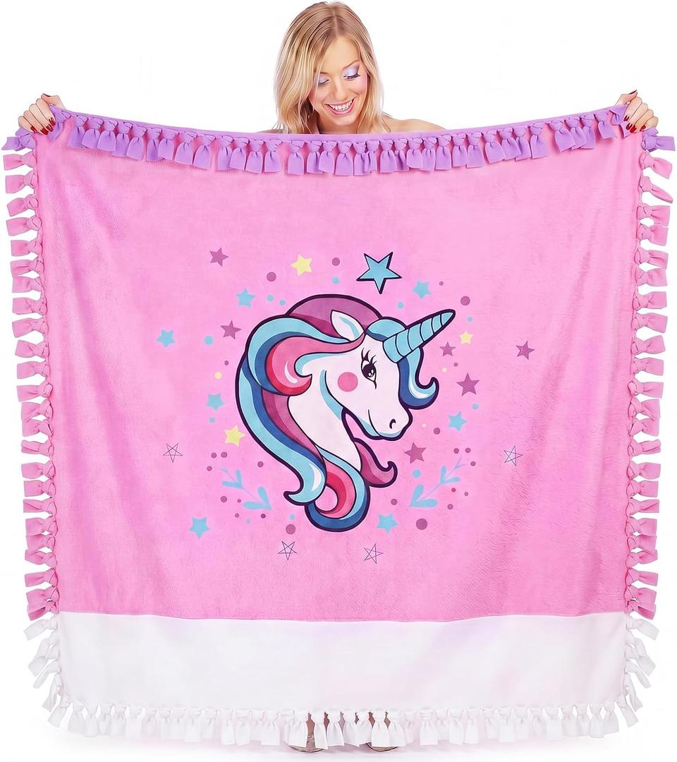 Peryiter Unicorn No Sew Fleece Blanket Craft Kit Tuck N' Tying Soft Plush DIY Felt Fleece Blanket Holiday Craft and Art Gift for Fun Home Activities, 54 Inches x 54 Inches