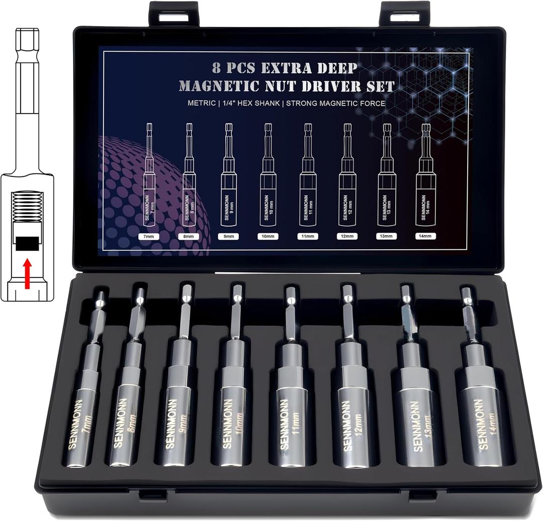 Extra Deep Magnetic Nut Driver Set, 8 PCS Adjustable Deep Nut Driver Set for Impact Drill, Metric, Quick-Change 1/4" Hex Shank,Cr-V Steel