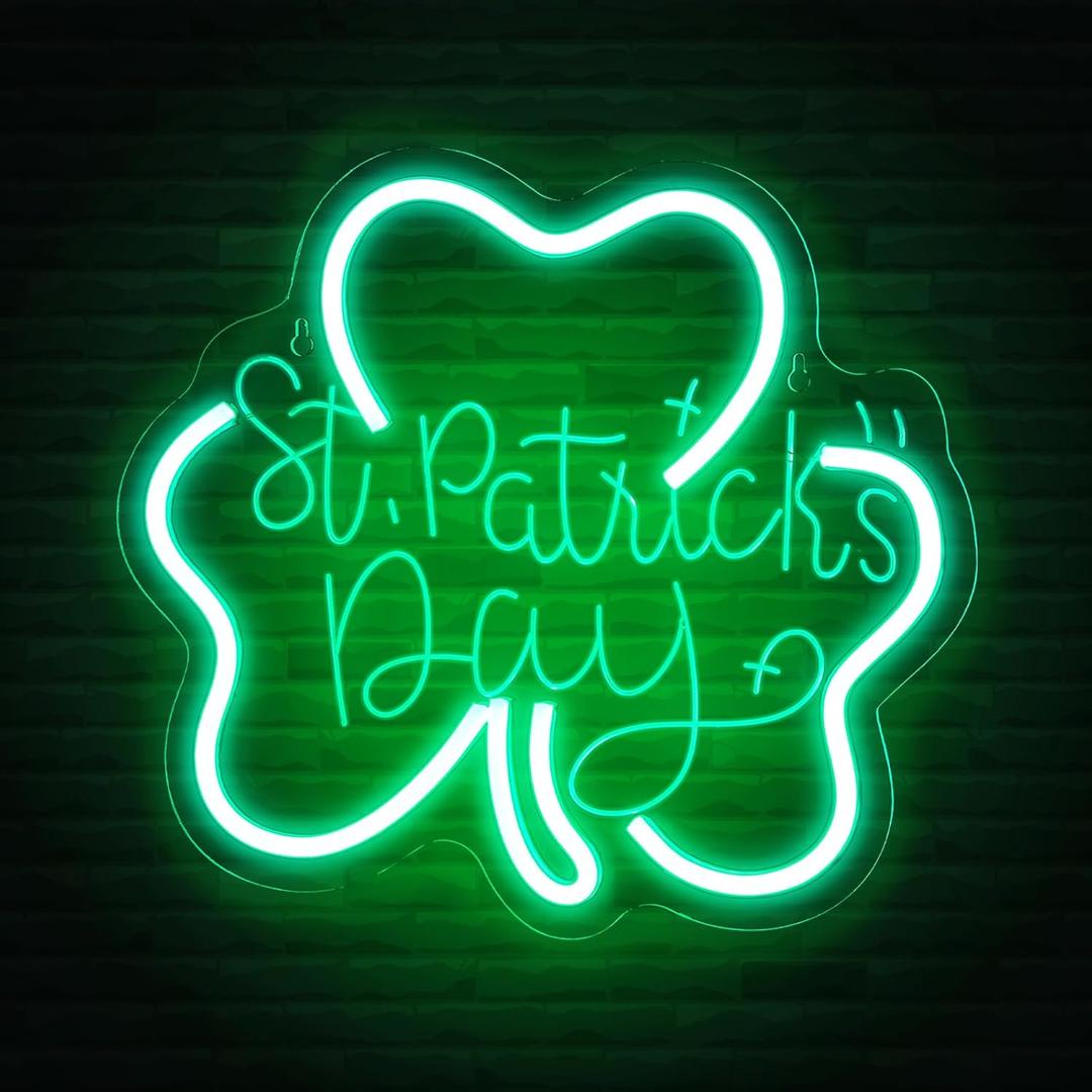 Baquler St. Patrick's Day Clover Neon Sign Wall Decor LED Sign Neon USB Powered Green Lucky Decor for Room, Office, St Patrick's Day Party Decoration