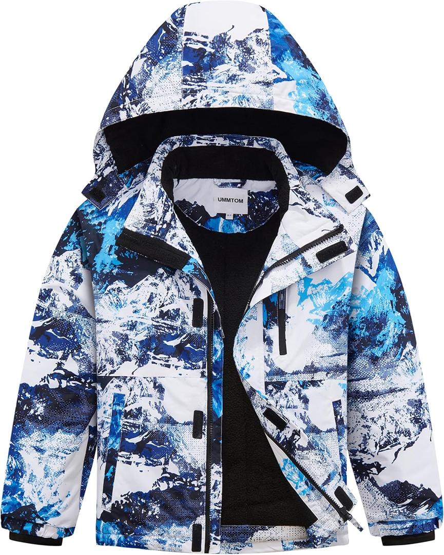 Boys Waterproof Ski Jacket Fleece Lined Warm Winter Snow Coat Hooded Winter Jacket for Kids (5-6, White Blue)