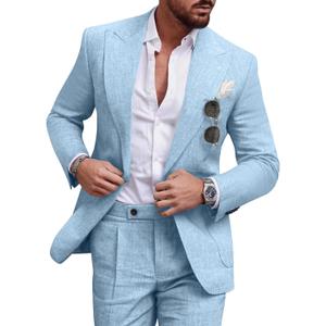 Linen Men Suit Set Casual Tuxedo 2 Piece Regular Fit Blazer One Button Solid Jacket and Pants for Prom Wedding Party (Blue, L)