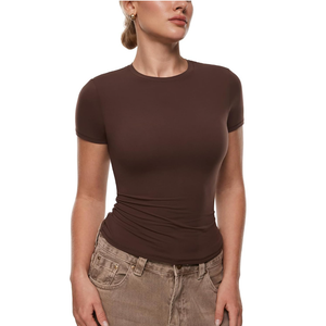 Women's Inbarely Ultra Short Sleeve Tops Crew Neck Double Lined Going Out Slim Fit T Shirts Summer Basic Tees. M