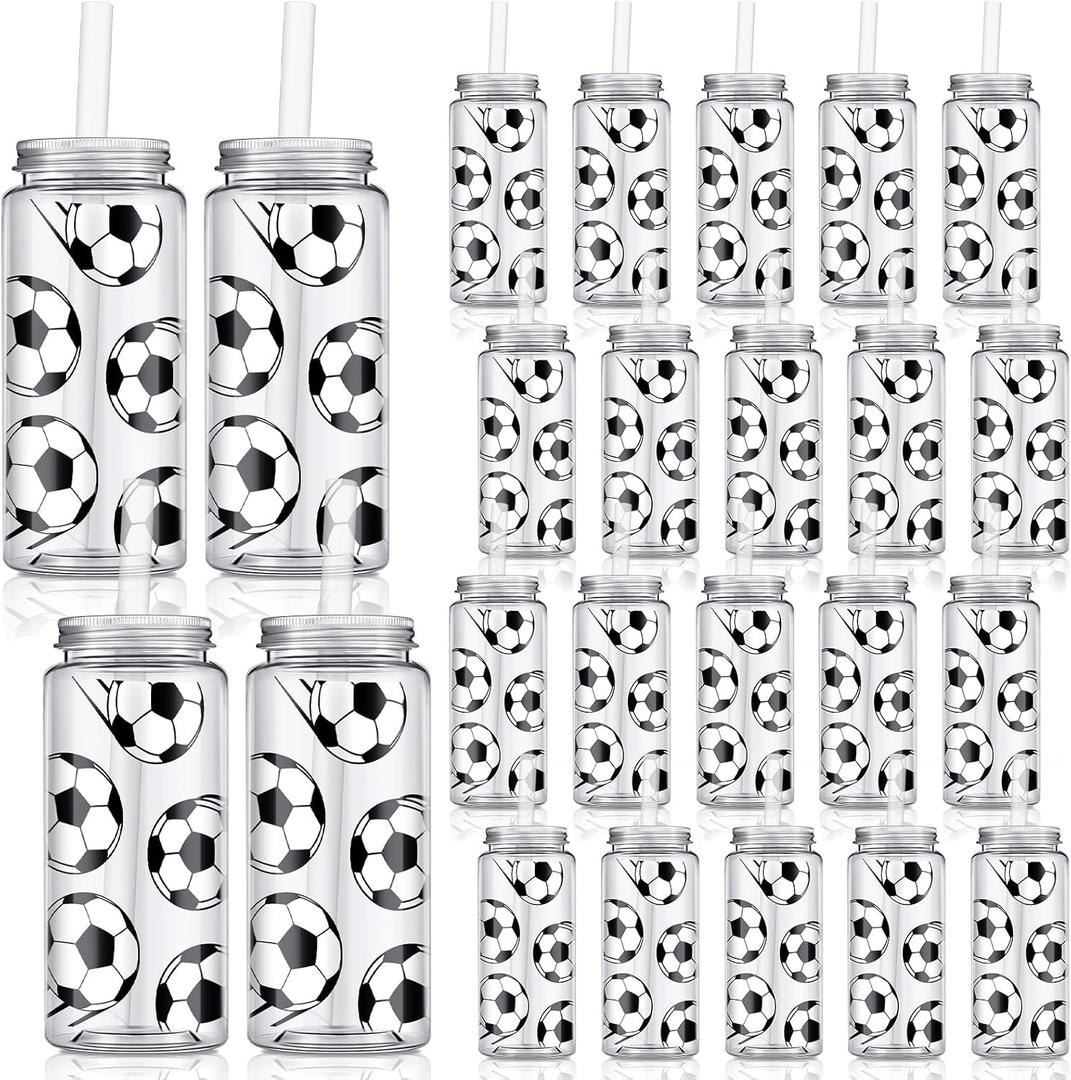 Domensi 24 Pack 14.2 oz Soccer Plastic Cups with Lid and Straw Clear Reusable Cups with Lids and Strawstumbler for Birthday Sports Themed Party Supplies