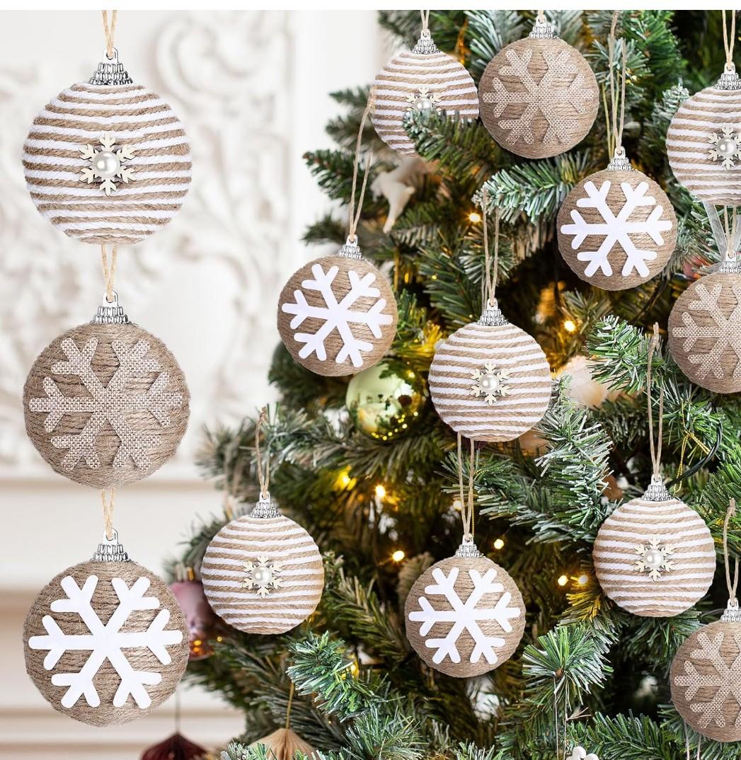 12 Pcs Farmhouse Christmas Ball Ornament Neutral Boho Burlap Rustic Christmas Tree Decoration Snowflake Jute Rope Shatterproof Hanging Rustic Ornaments for Holiday Xmas Home, 2.36 Inch