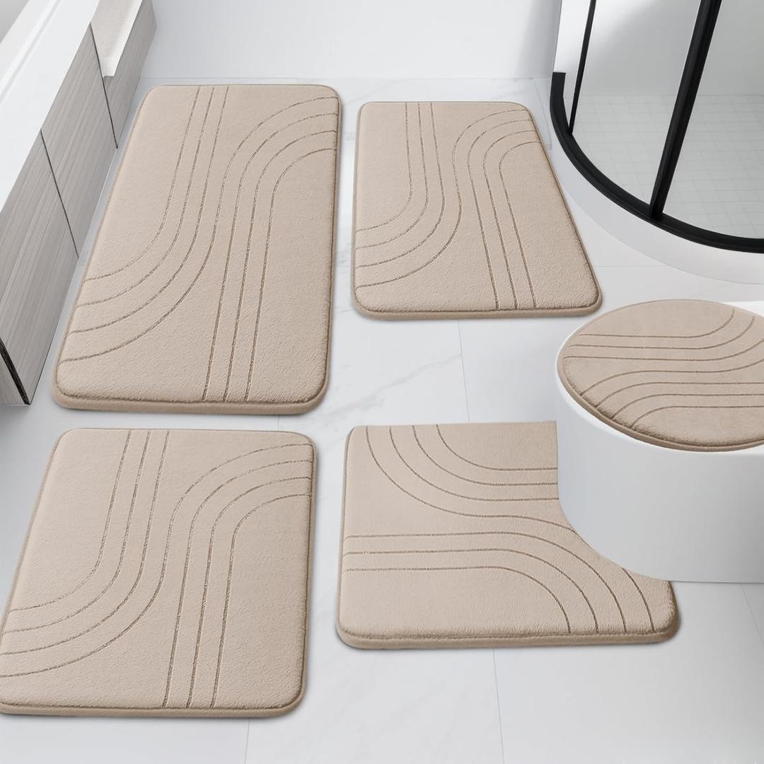 YIHOUSE Beige Bathroom Rug Set 5 Pieces, Soft Non Slip Memory Foam Bath Mats, Extra Thick Bath Mats for Bathroom, Machine Washable Bath Rugs Set for Tub, Toilet and Floor
