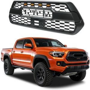 Front Grill Compatible with 2016-2023 Toyota Tacoma SR / SR5 / TRD Matte Black Replacement Front Bumper Grill ABS Bumper Grille Assembly with Amber LED Lights & Letters