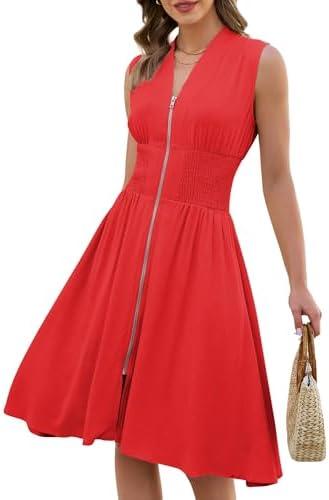 GRAPENT Linen Dresses for Women Summer Casual Flowy V Neck Sleeveless Smocked Zip Beach Vacation Midi Dress with Pockets, Size S