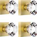 4 Pack Closet and Hall Dummy Door Knob Interior, Inactive Clear Glass Crystal Door Knobs Set Gold, Non-Turning Door Knobs Diamond Shape, Satin Brass Door Knobs Square, BS-010N