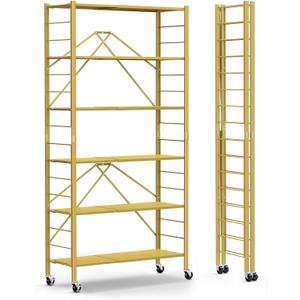 6-Tier Foldable Storage Shelves Expandable Shelf Wheels Gold 2-in-1