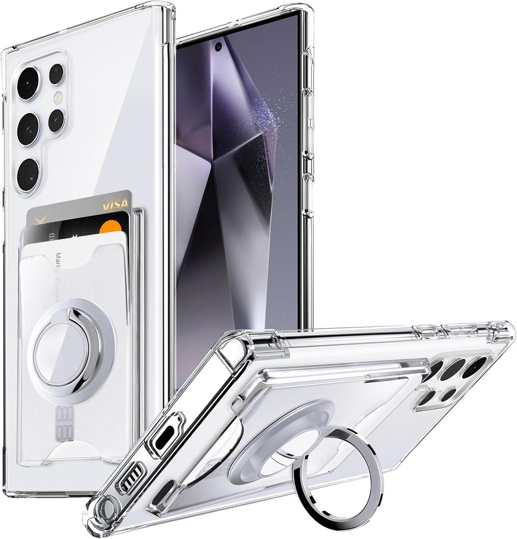 Shields Up for Samsung Galaxy S24 Ultra Case, Minimalist Wallet Case with Card Holder & Ring Kickstand/Stand, Slim Protective Shockproof Cover for Samsung S24 Ultra - Clear