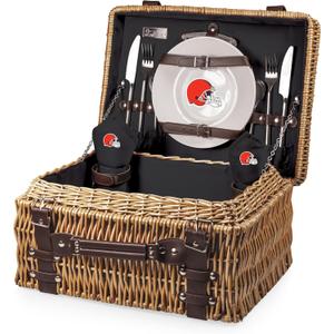 PICNIC TIME NFL Champion Picnic Basket for 2, Wicker Picnic Basket, 2 Person Picnic Set, (Black with Brown Accents)