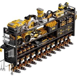 Large 49''W Power Tool Organizer Wall Mount | 620lbs Garage Storage Rack with 12 Cordless Drill Holder | 4-Tier Heavy Duty Utility Shelf for Battery Workshop Organization, Black