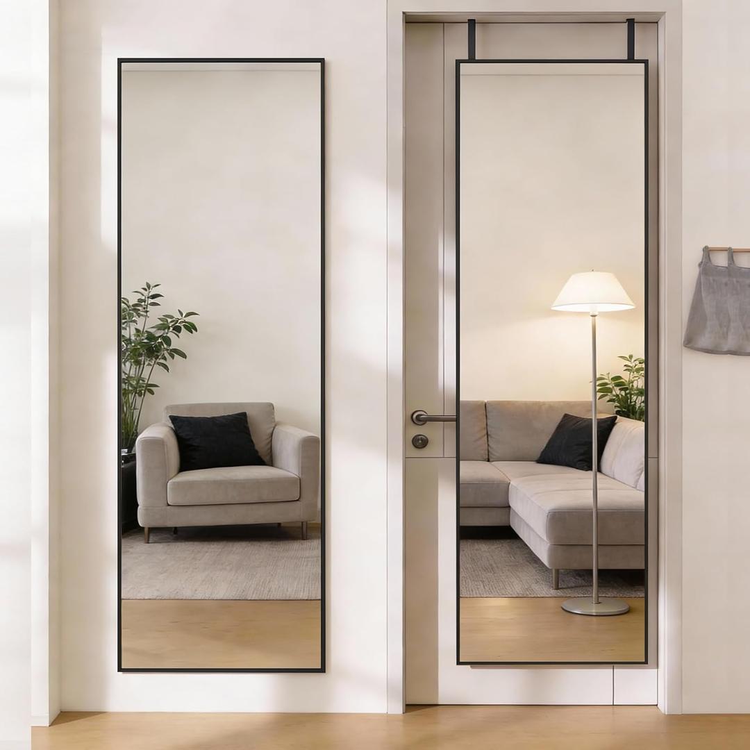 DUMOS 47x14 Full Length Mirror Over the Door, Wall Mounted Full Body Mirror, Door Hanging Metal Aluminum Alloy Frame Dressing Mirror for Bedroom, Living Room, Entryway, Black
