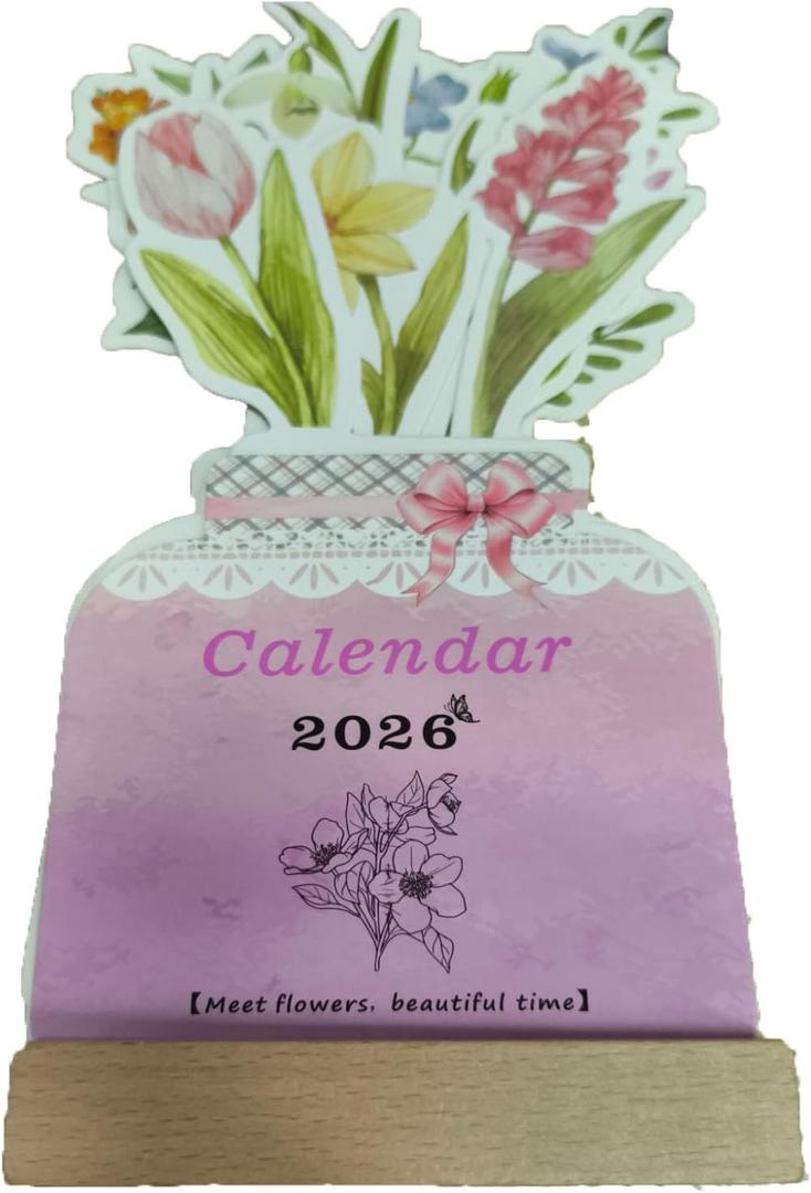 2 x 2026 Creative Flower Desk Calendar, Bloomy Flowers Desk Calendar, Floral Desktop Calendar with Wooden Base for Home, Office and Desk Accessories