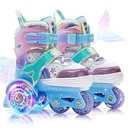 NEMONE Mermaid 4 Size Adjustable Light up Roller Skates for Girls, Blue Purple Skates for Toddlers, Beginner Kids Roller Skates Indoor Outdoor, 28-31 EU