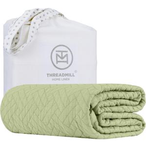 Threadmill Luxury Cotton Blankets for Queen Size Bed | All-Season 100% Cotton Queen Size Blanket | Criss Cross Cozy Lightweight, Soft Breathable Coverlet fits Full Size Bed, 90x92 | Sage Green