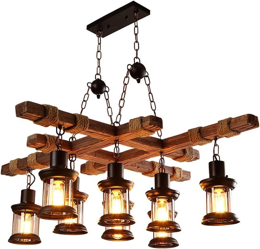 8 Lights Retro Wood Chandelier Iron Ceiling Lamp Industrial Rustic Pendant Light Glass Lampshade for Pool Table Kitchen Island Bar Retro Ceiling Light Height Adjustable Fixture