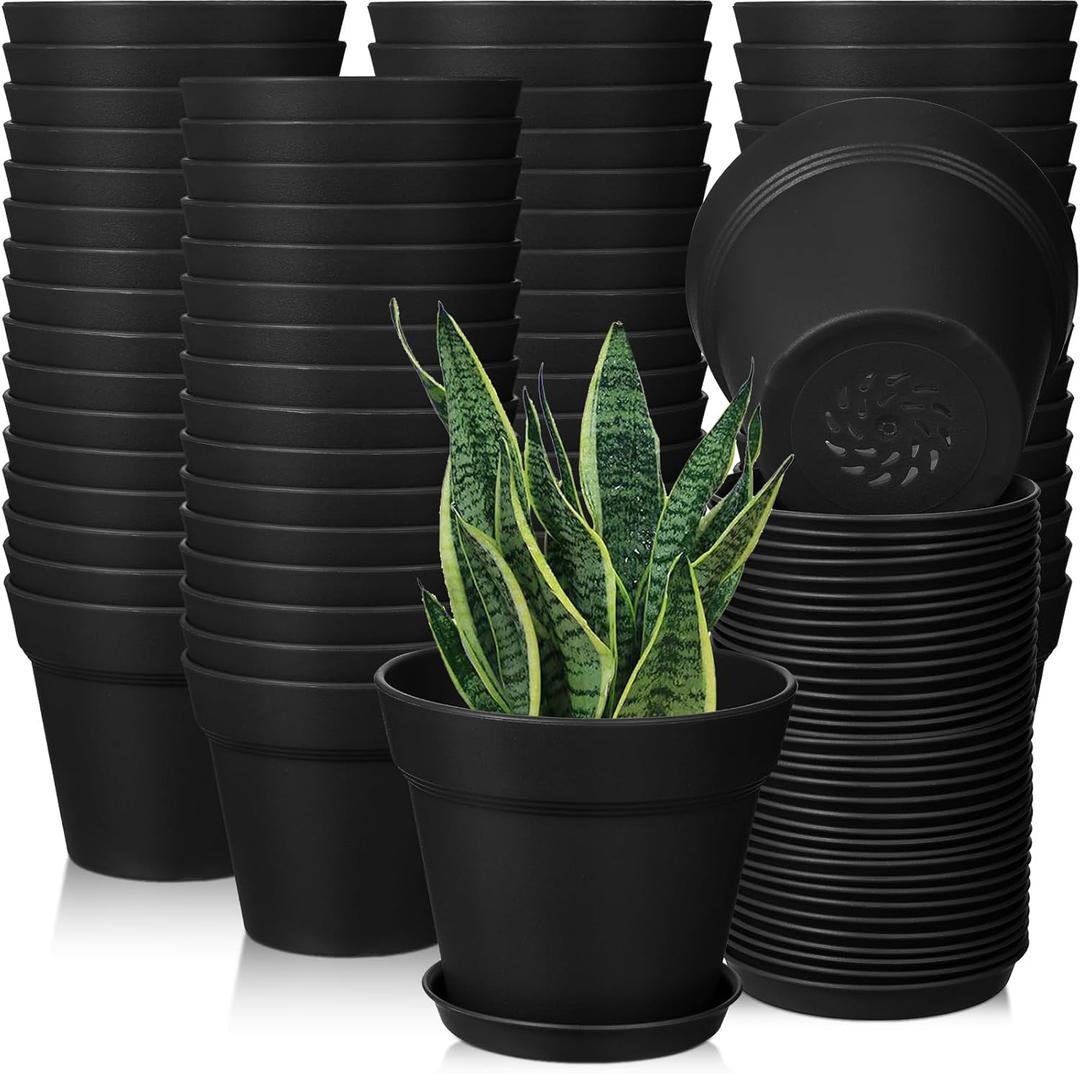Mumufy 54 Pack 4 Inch Plant Pots Bulk Small Planter with Drainage Hole and Saucer Small Plastic Pots for Flowers Succulent Cactus and All House Indoor(Black)