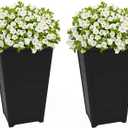 Keter Set of 2 Resin Modern Outdoor 22 Inch Tall Large Flower Pots, Tapered Wood Look Planters for Outdoor Plants and Front Porch Decor, Graphite