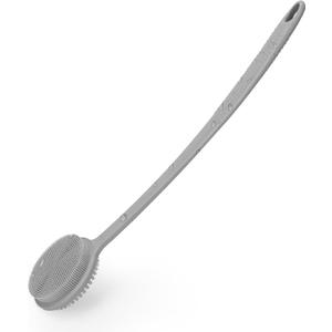 Silicone Back Scrubber for Shower, 17in Lengthen Long Handle Body Brush, Double Sided Shower Brush for Shower Exfoliating and Massage Can Produce Rich Foam, Long Handle Back Scrubber for Men (Gray)