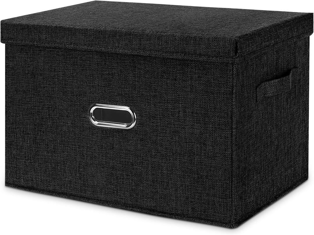 Large Linen Fabric Foldable Storage Bins with Removable Lid and Handles, Washable Storage Box Organizer Containers Baskets Cube with Cover for Bedroom,Office(Black, Small)