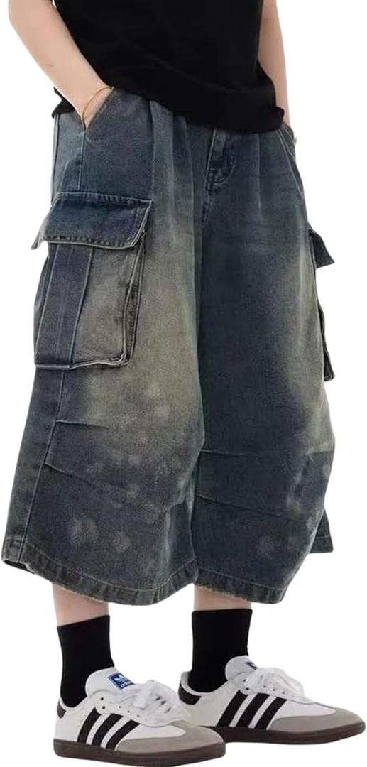 FCOOLYEET Mens Camo Jeans Shorts Y2k Baggy Long Jorts Camouflage Denim Cargo Shorts for Men (Small, Blue)