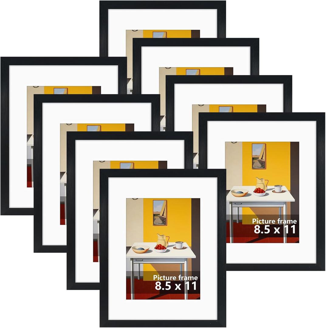Giftgarden Black 8.5x11 Picture Frame Set of 8, Matted to 6x8 Picture or 8.5 x 11 Inch Certificate Award Document without Mat, Wall and Tabletop Display