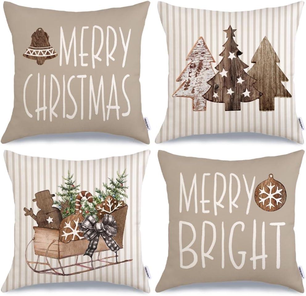 GEEORY Christmas Pillow Covers 18 x 18 Inch Set of 4, Striped Wooden Tree Snow Sleigh Merry Bright Xmas Holiday Decor Decorative Throw Cushion Case Decoration for Home Party Sofa Couch (Brown)